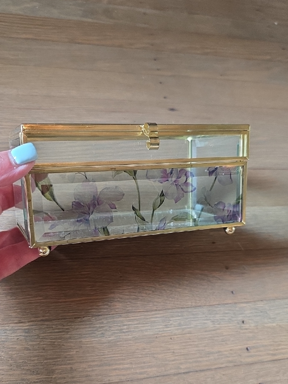 Shabby Chic Vintage 1989 Gold Glass Vanity Trinket Jewelry Box w/ Purple Floral